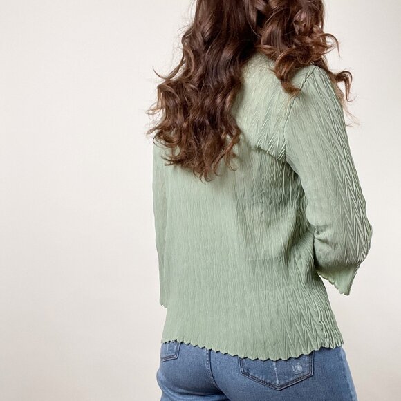 Vintage Pleated Crinkle Texture Oversized Button Up Relaxed Fit Blouse Shirt Top - Picture 3 of 7